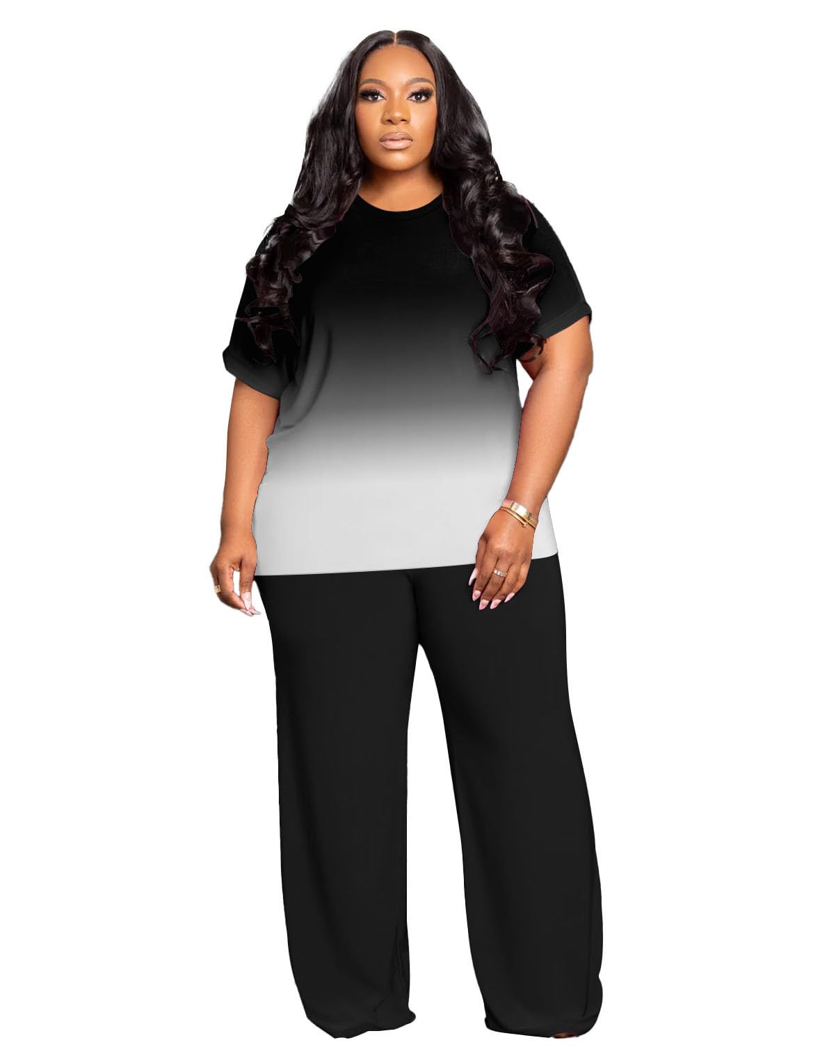 Tycorwd Women's Plus Size Two Piece Outfits Sweatsuits Sets Casual Short Sleeve Tops Loose Wide Leg Pants Tracksuit Sets