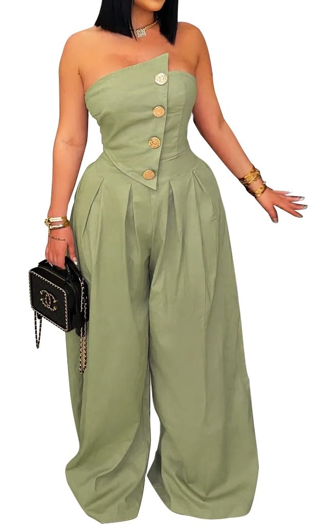 BOKITECAO Womens Cargo Jumpsuit Sexy Strapless One Piece Outfit Off Shoulder Top Ruched Wide Leg Rompers Overalls