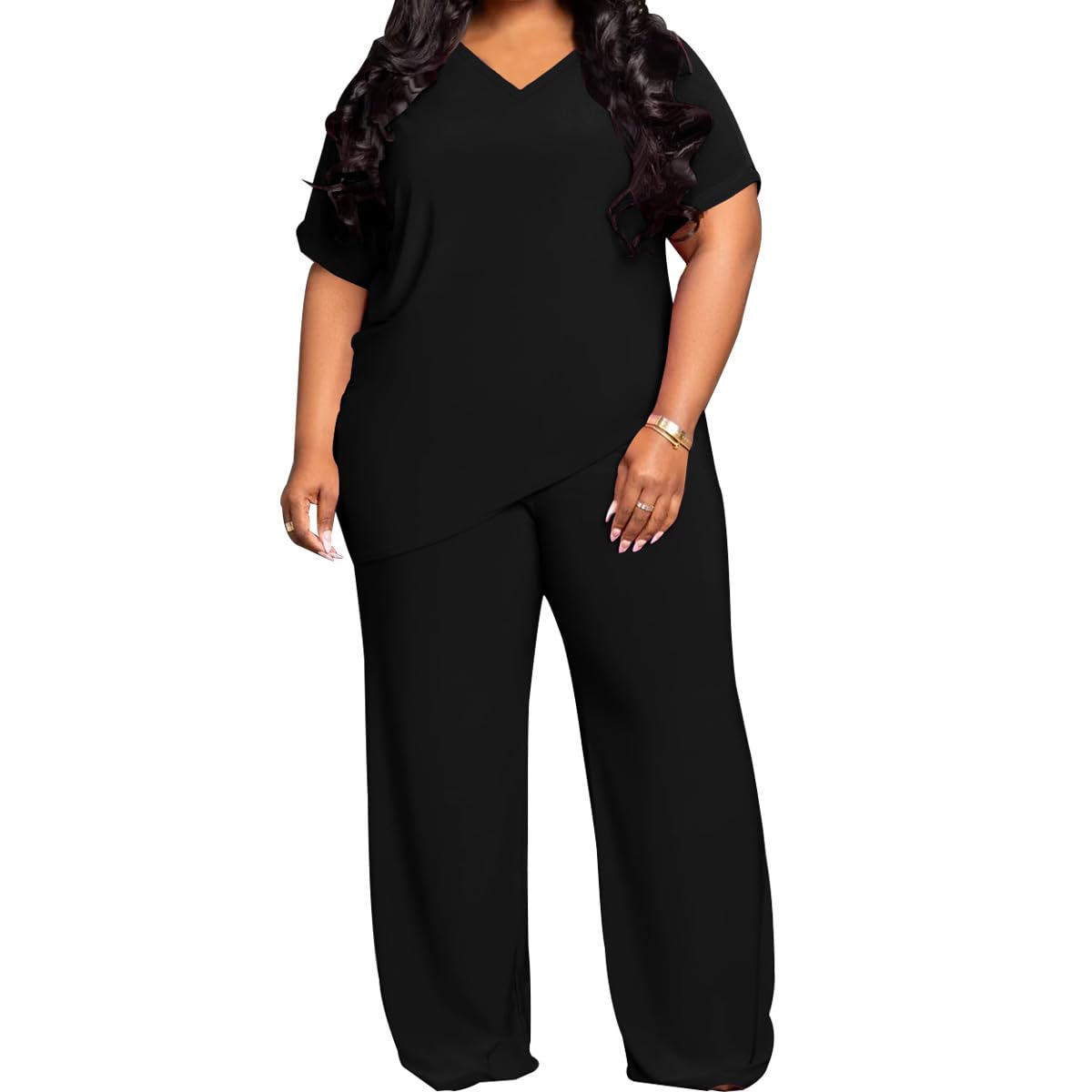 TOPSRANI Womens Plus Size Two Piece Outfits Sweatsuits Casual Tracksuit Short Sleeve Loose Baggy Wide Leg Long Pants Sets