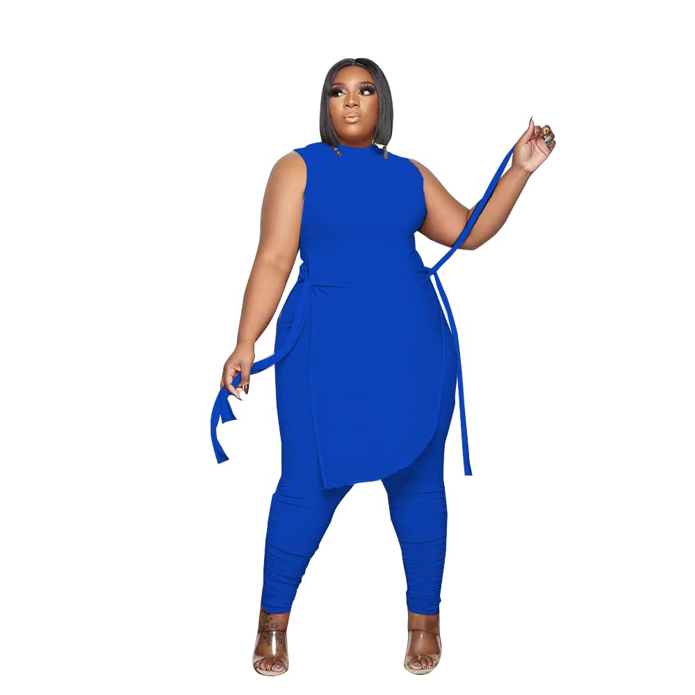 Dmoled Women Plus Size 2 Piece Outfits Jumpsuit Camouflage Print Sleeveless Slit Tunic Tops Pant Set