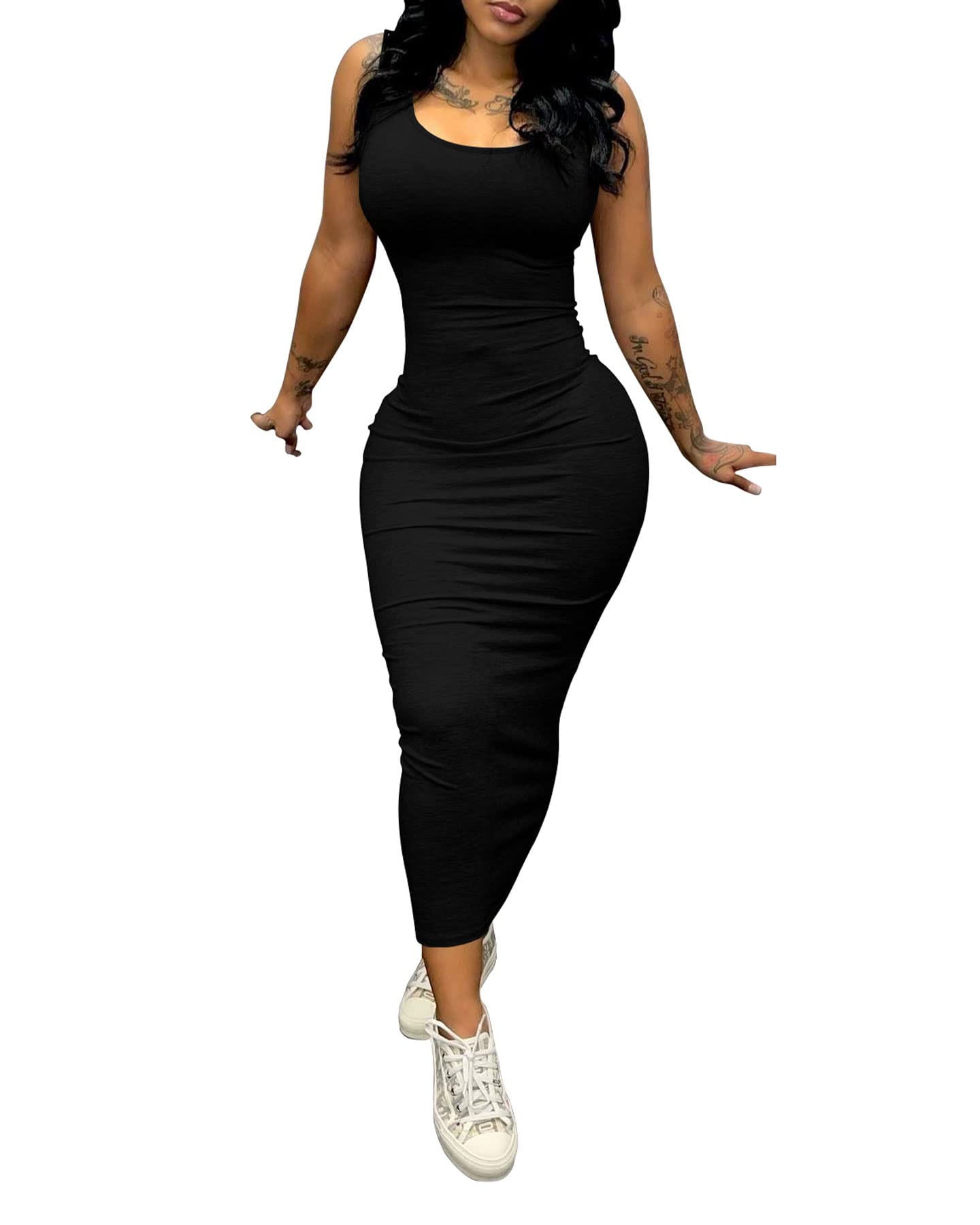 PINSV Women's Sexy Bodycon Tank Dress Basic Sleeveless Long Maxi Dresses Party Club Beach Sundresses