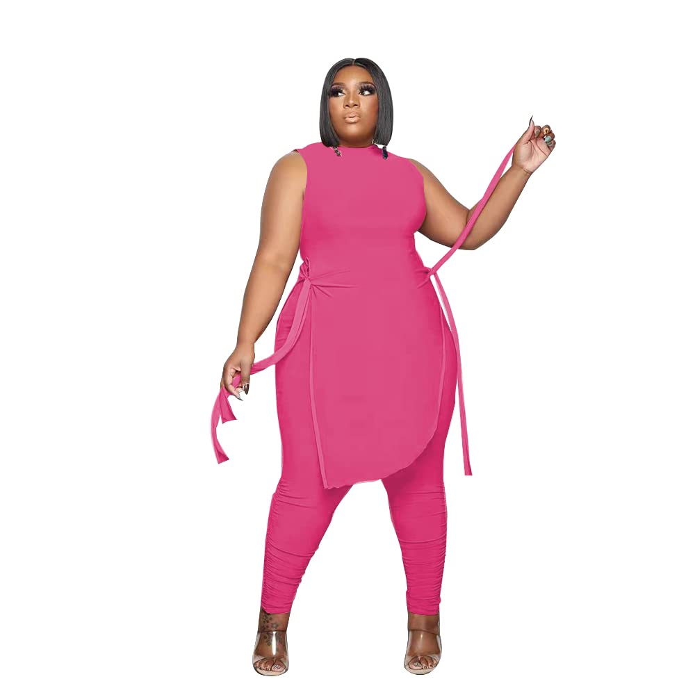 Dmoled Women Plus Size 2 Piece Outfits Jumpsuit Camouflage Print Sleeveless Slit Tunic Tops Pant Set