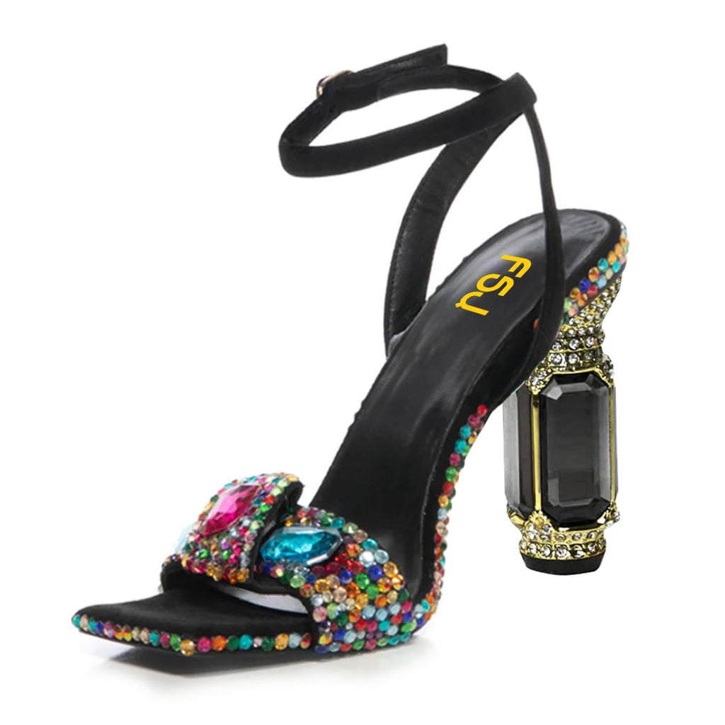 FSJ Women Open Toe Stylish Sandals Ankle Strap Chunky Block High Thick Heels Wedding Party Ballroom Shoes Size 4-15 US