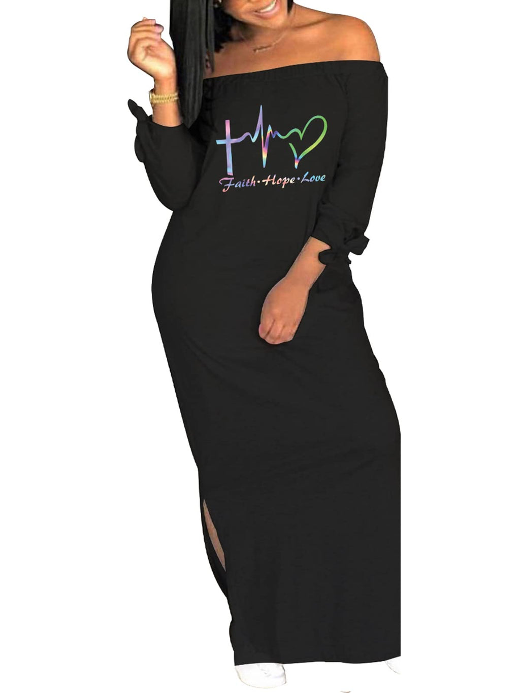 Women's Casual Off Shoulder Maxi Dress - African Print Summer Loose Long Sleeve Tunic T Shirt Dresses with Pockets