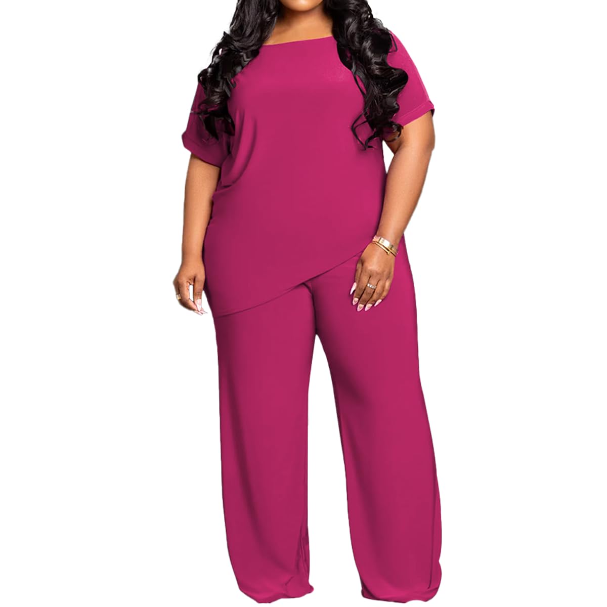 TOPSRANI Womens Plus Size Two Piece Outfits Sweatsuits Casual Tracksuit Short Sleeve Loose Baggy Wide Leg Long Pants Sets