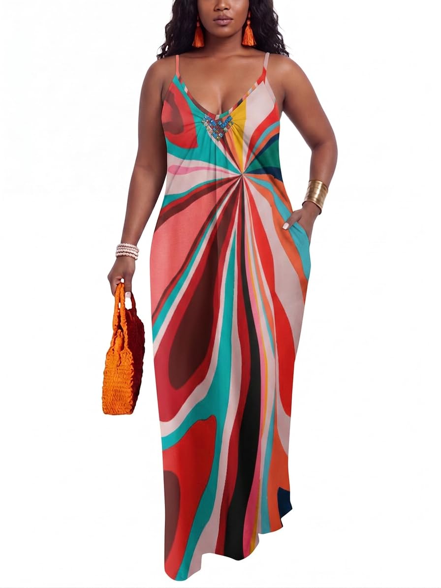 PerZeal Women's Summer Casual Maxi Dresses Sexy Floor Length V-Neck Spaghetti Strap Sleeveless Colorful Sundresses Plus Size