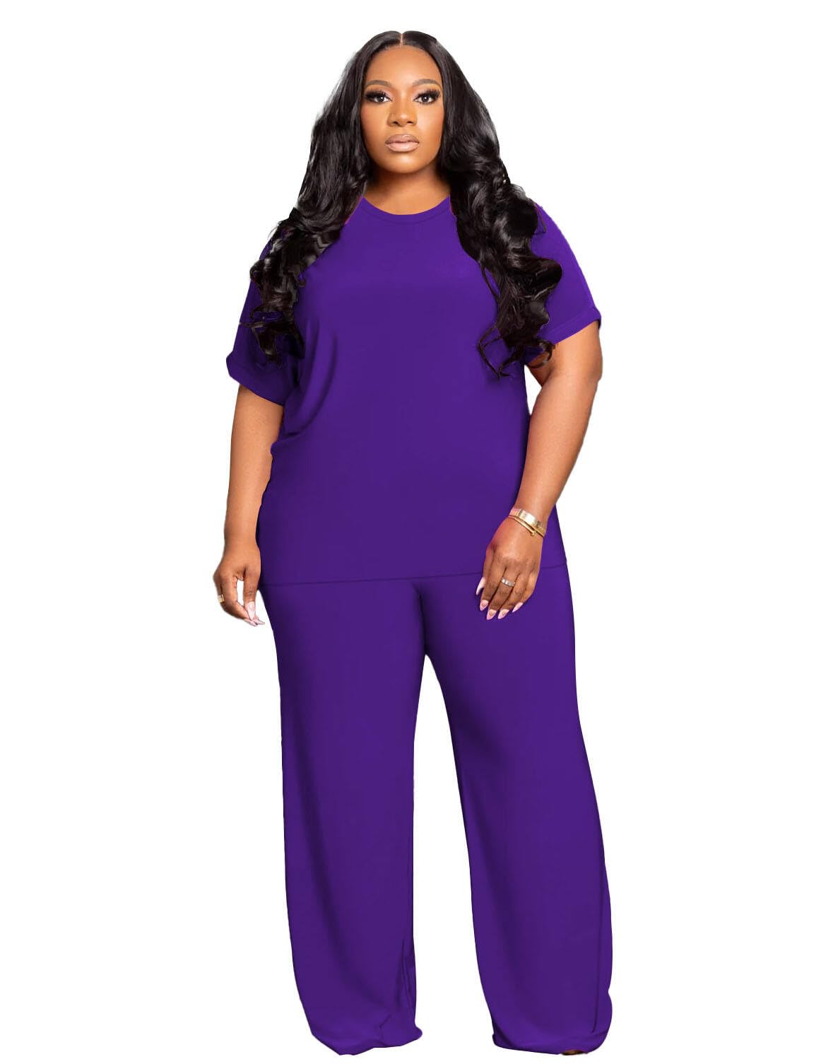 Tycorwd Women's Plus Size Two Piece Outfits Sweatsuits Sets Casual Short Sleeve Tops Loose Wide Leg Pants Tracksuit Sets