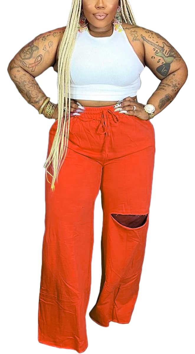 2 Piece Outfits for Women Pure Color Sleeveless Ribbed Knit Tank Top Ripped Wide Legs Long Pants Tracksuit Sport Set