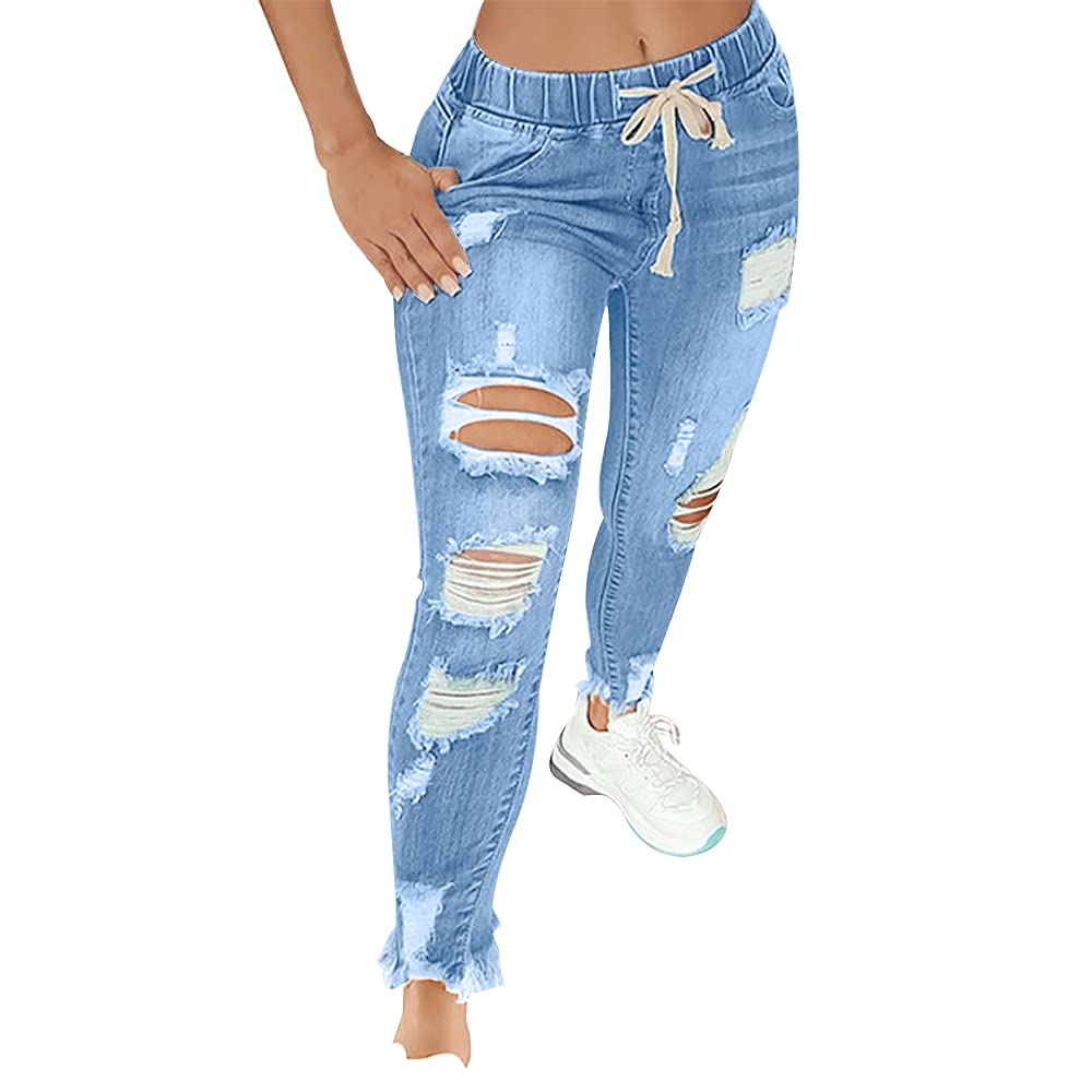 KUNMI Women High Waist Skinny Stretch Ripped Jeans Destroyed Denim Pants Plus Size