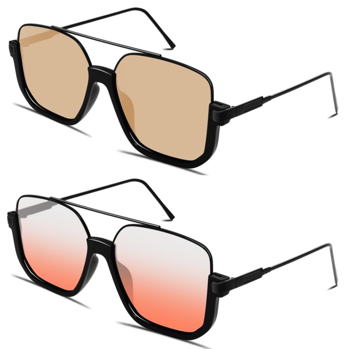 GUVIVI Retro Oversized Aviator Sunglasses for Women Men Square Double Bridge Pilot Sun Glasses 70s Trendy Shades