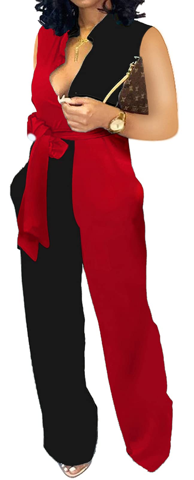 SeNight Women's Jumpsuits Elegant Business Casual Button Down V Neck Long Sleeve Strap Straight Long Pants With Pockets