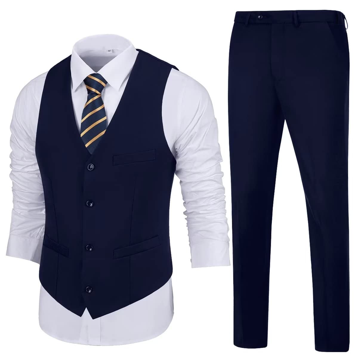 Mens Slim Fit 2 Piece Suit Set V-Neck Solid Dress Suit Vest Pants Wedding Prom Tuxedo for Men