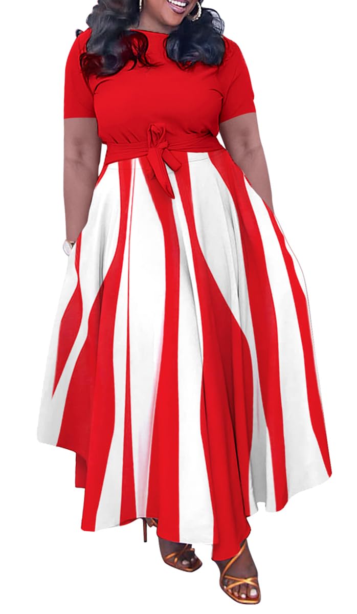BFFBABY Plus Size Dress A Line Dresses for Women Summer Long Dresses with Sleeve Casual Belted