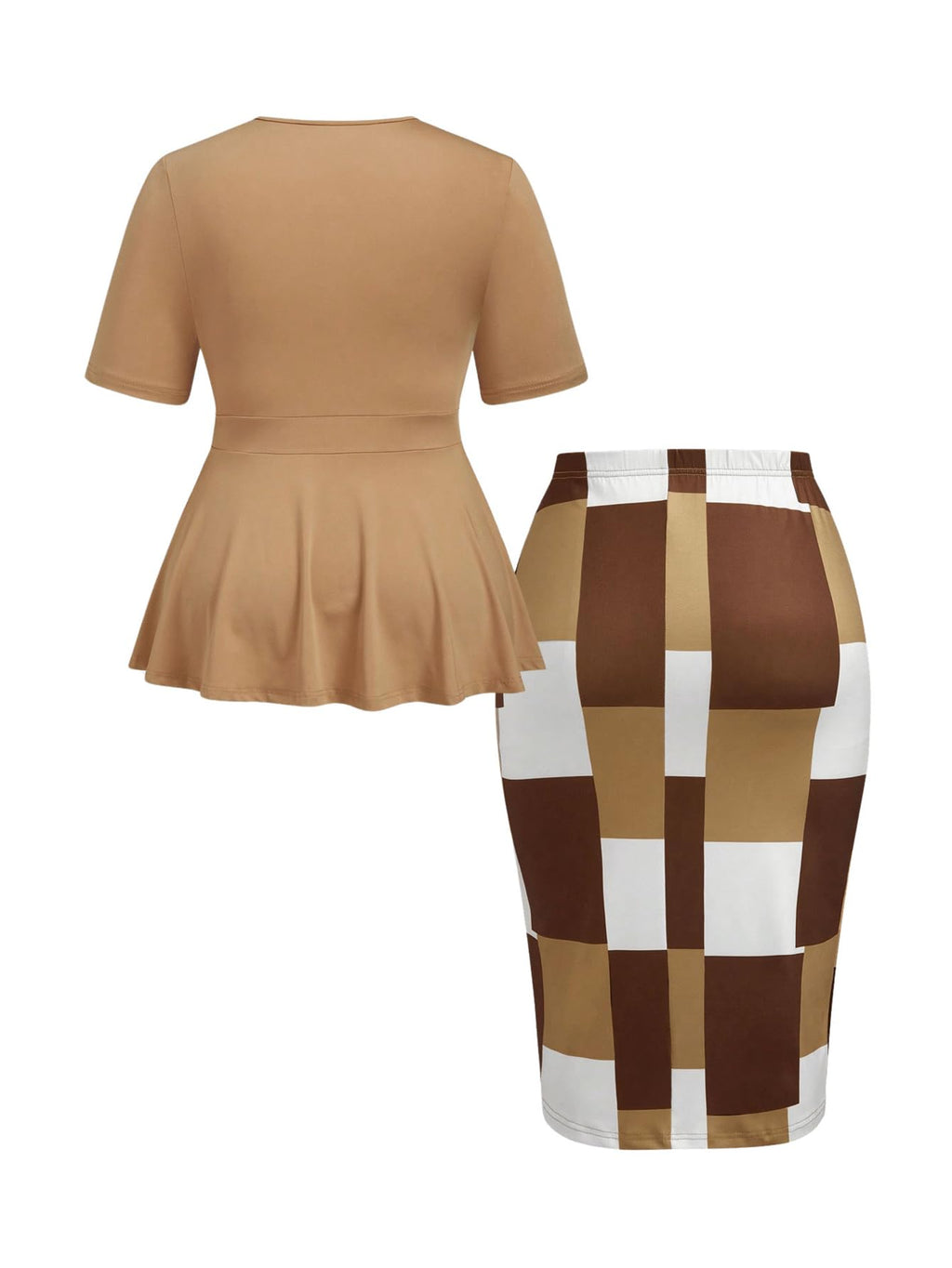 SOLY HUX Women's Plus Size Elegant Outfits 2 Piece Short Sleeve Ruffle Tops Plaid Print Bodycon Skirts Office Business Set