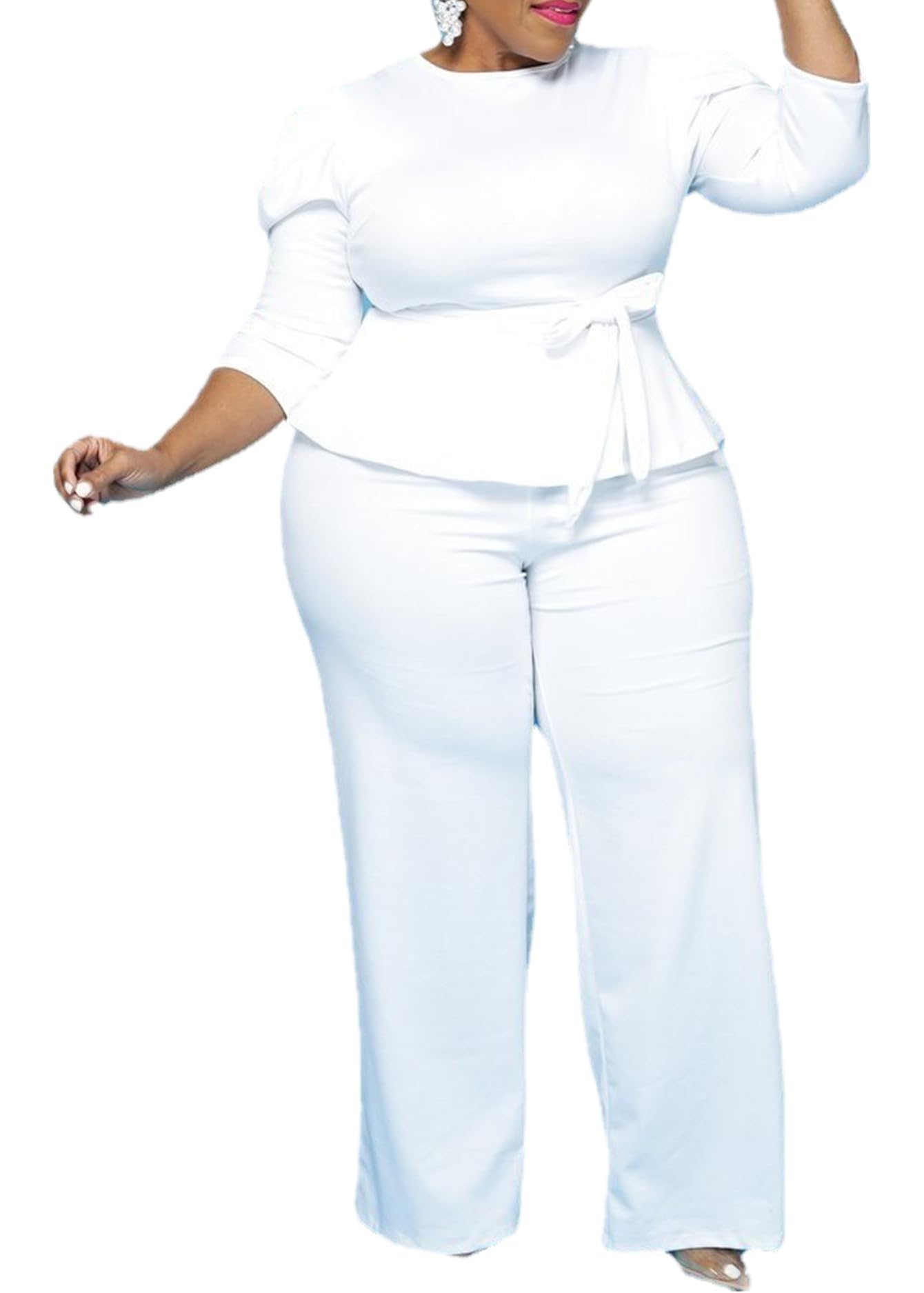MRSFITOK Plus Size 2 Piece Wide Leg Pants Set for Women Casual Long Sleeve Shirt Long Pant Sets Sexy With Belt