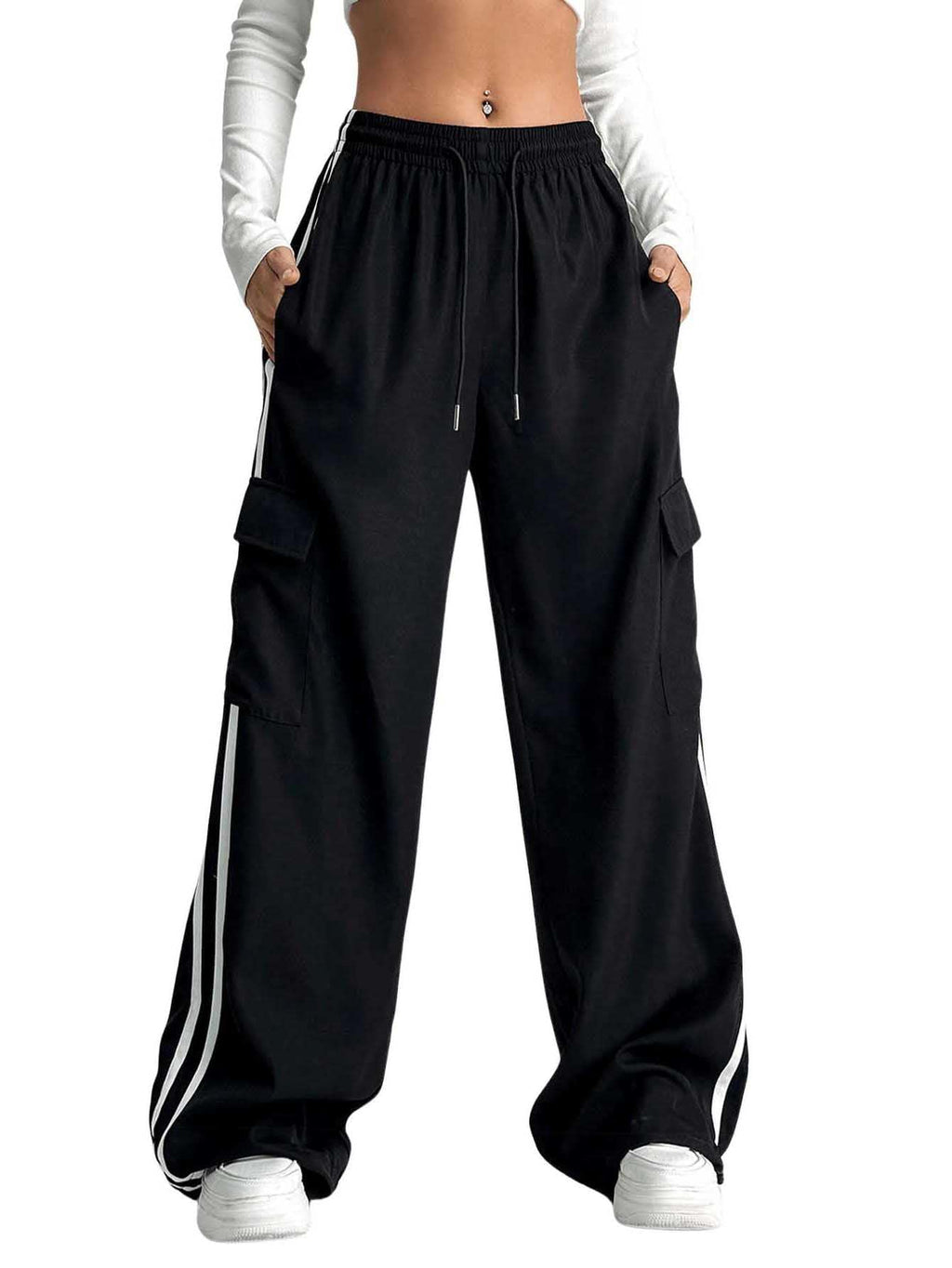 Verdusa Women's Cargo Pants Baggy Straight Wide Leg Track Pants Striped Joggers with Pockets Athletic Streetwear
