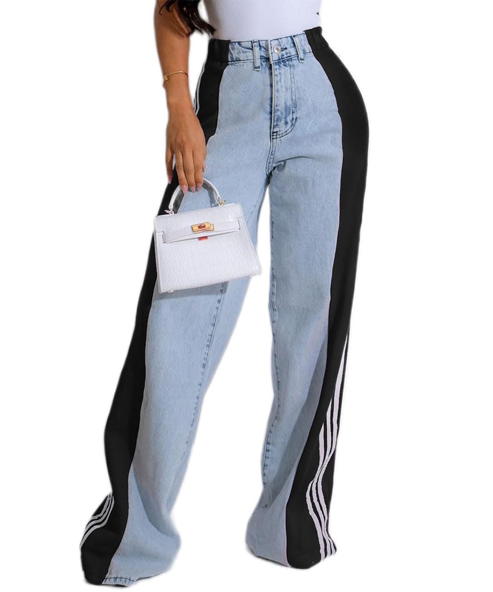 knowfashionstyle Womens Jeans High Waisted Wide Leg Patchwork Stripes Stretchy Jean Color Block Straight Trendy Demin Pants