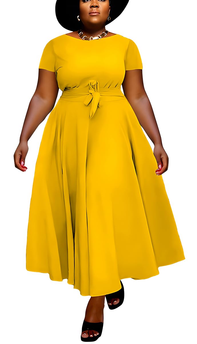 BFFBABY Plus Size Dress A Line Dresses for Women Summer Long Dresses with Sleeve Casual Belted