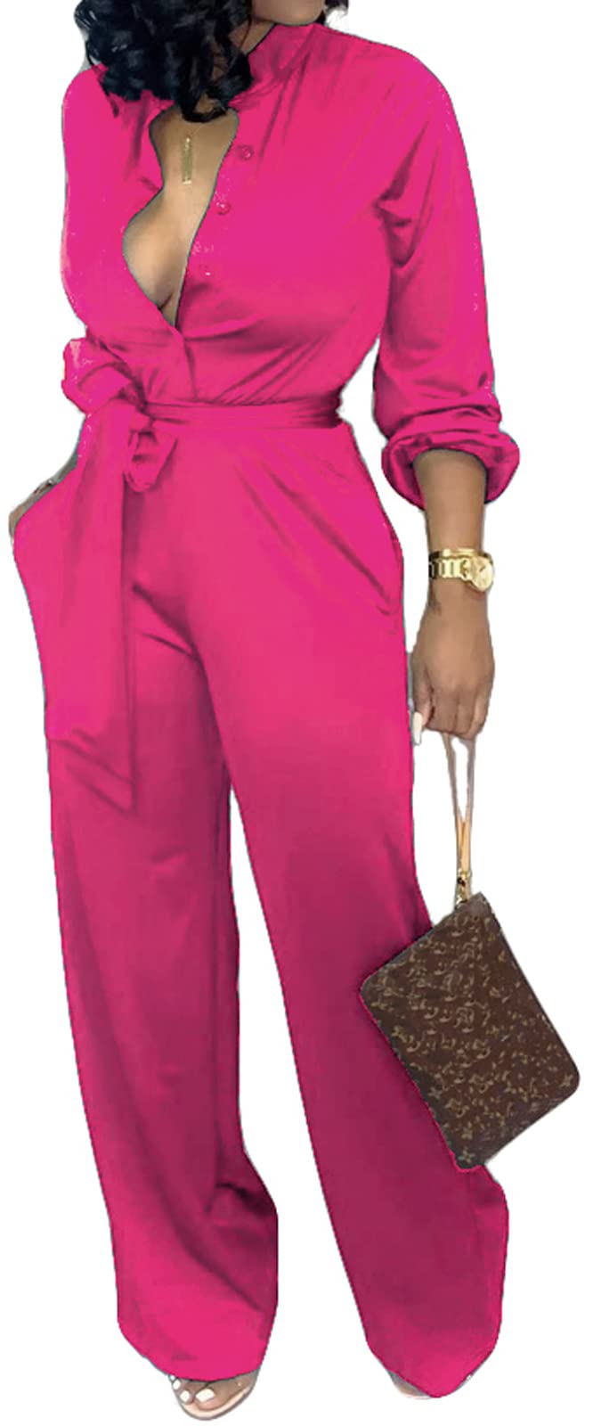 SxClub Jumpsuits for Women Formal Sexy Elegant Long Straight Pants Busineess Party Jumpsuit with Belt Pockets