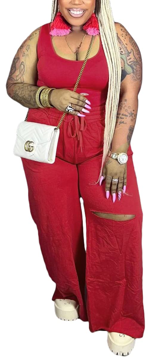 2 Piece Outfits for Women Pure Color Sleeveless Ribbed Knit Tank Top Ripped Wide Legs Long Pants Tracksuit Sport Set