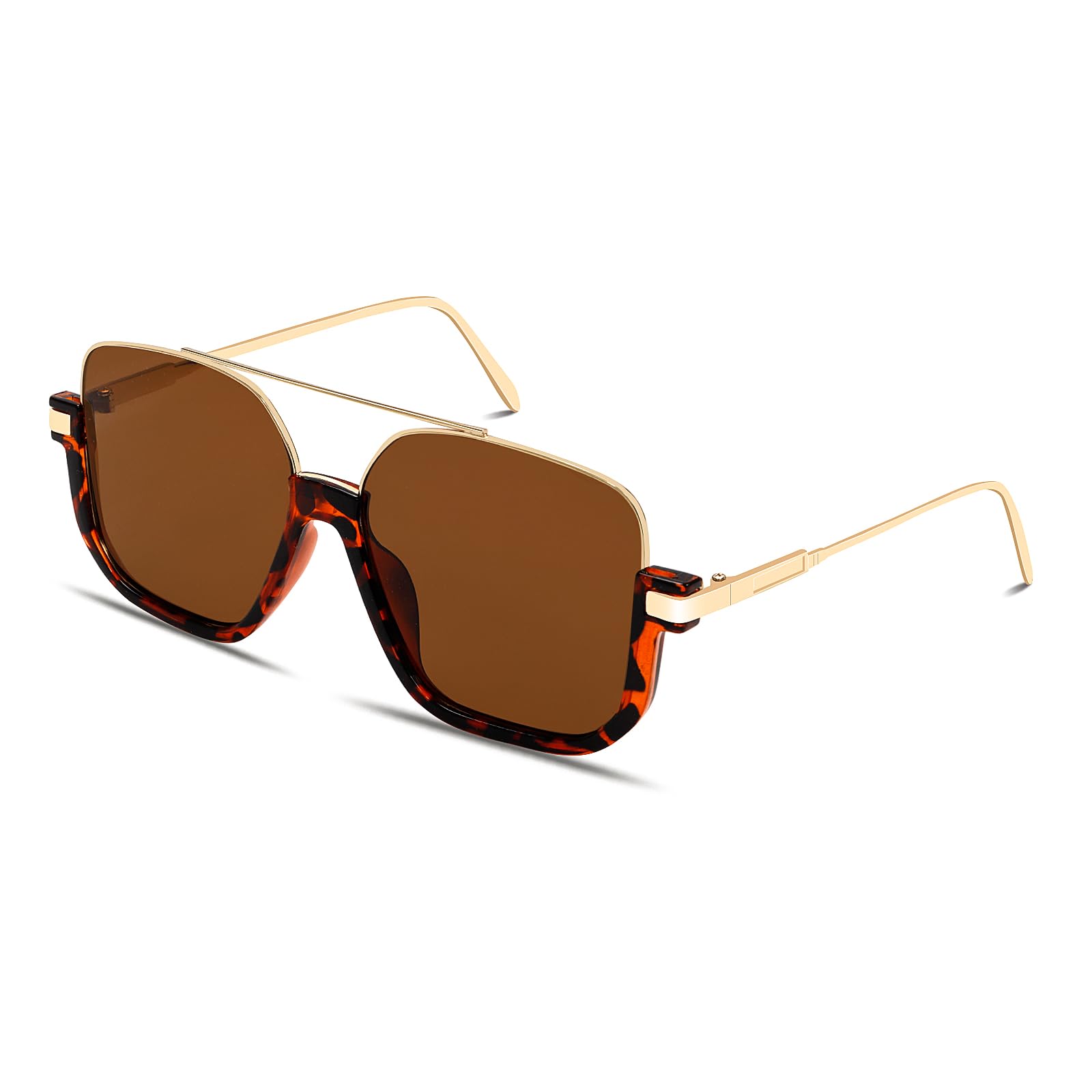 GUVIVI Retro Oversized Aviator Sunglasses for Women Men Square Double Bridge Pilot Sun Glasses 70s Trendy Shades
