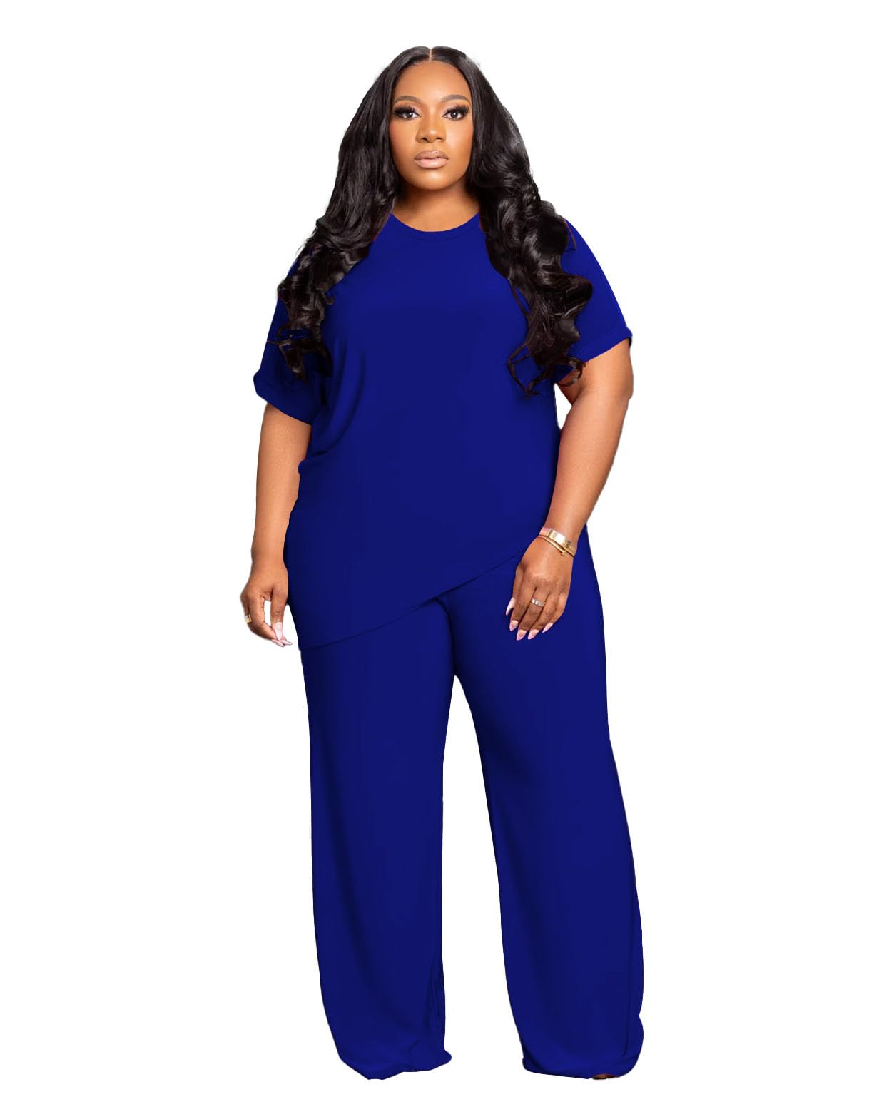 Tycorwd Women's Plus Size Two Piece Outfits Sweatsuits Sets Casual Short Sleeve Tops Loose Wide Leg Pants Tracksuit Sets