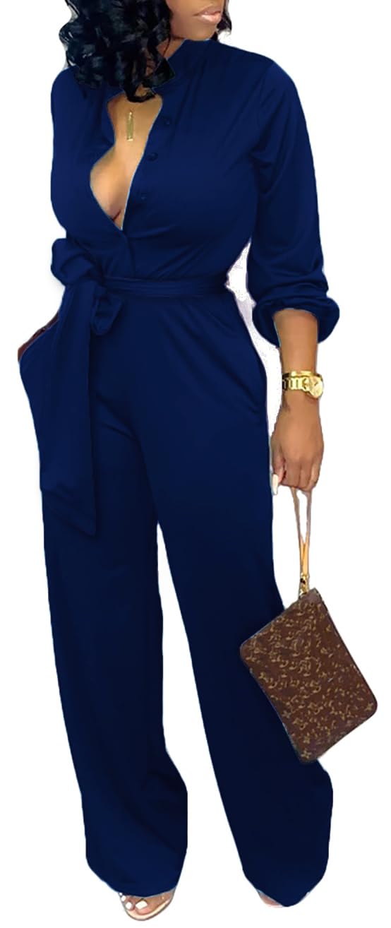 SxClub Jumpsuits for Women Formal Sexy Elegant Long Straight Pants Busineess Party Jumpsuit with Belt Pockets