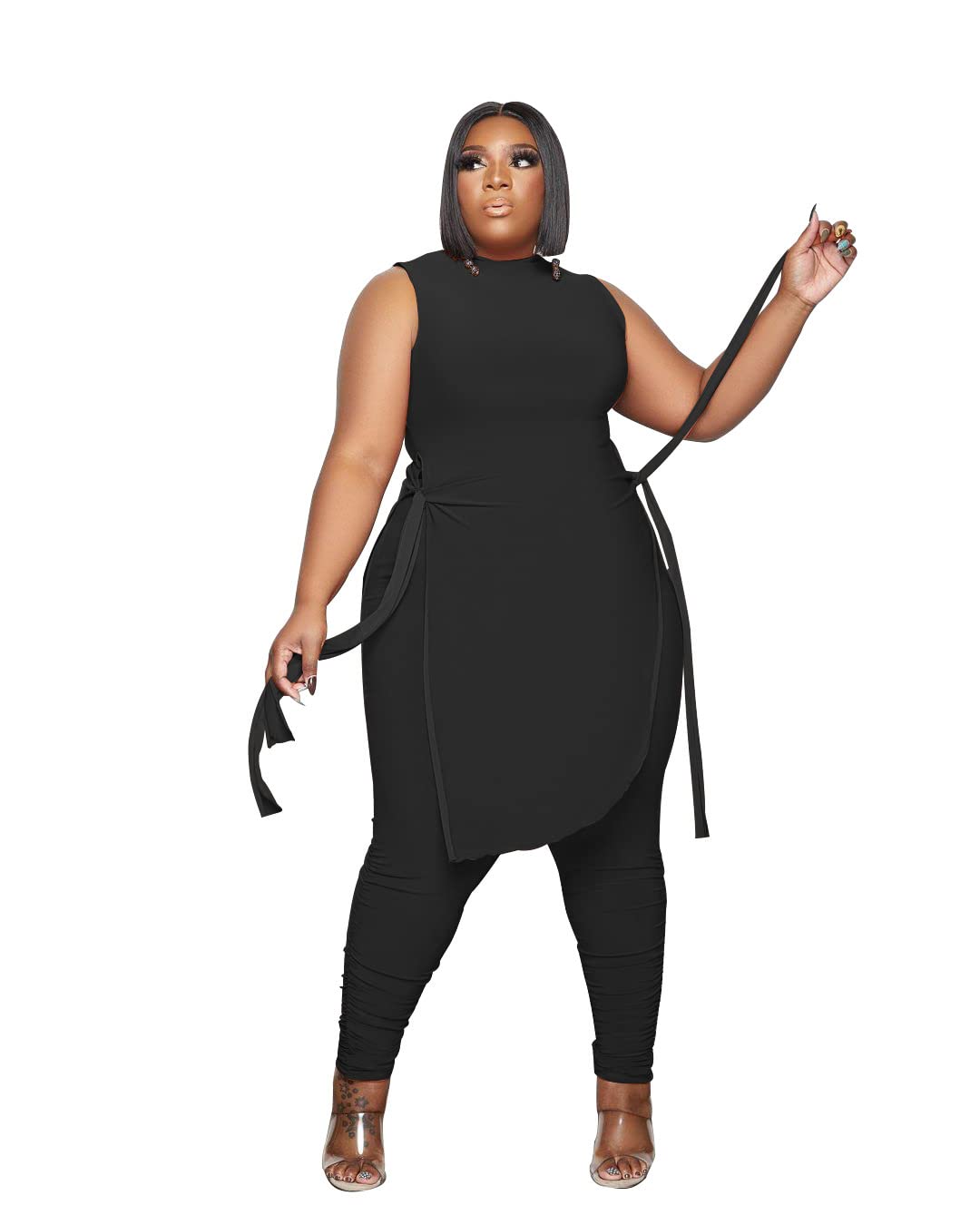 Dmoled Women Plus Size 2 Piece Outfits Jumpsuit Camouflage Print Sleeveless Slit Tunic Tops Pant Set