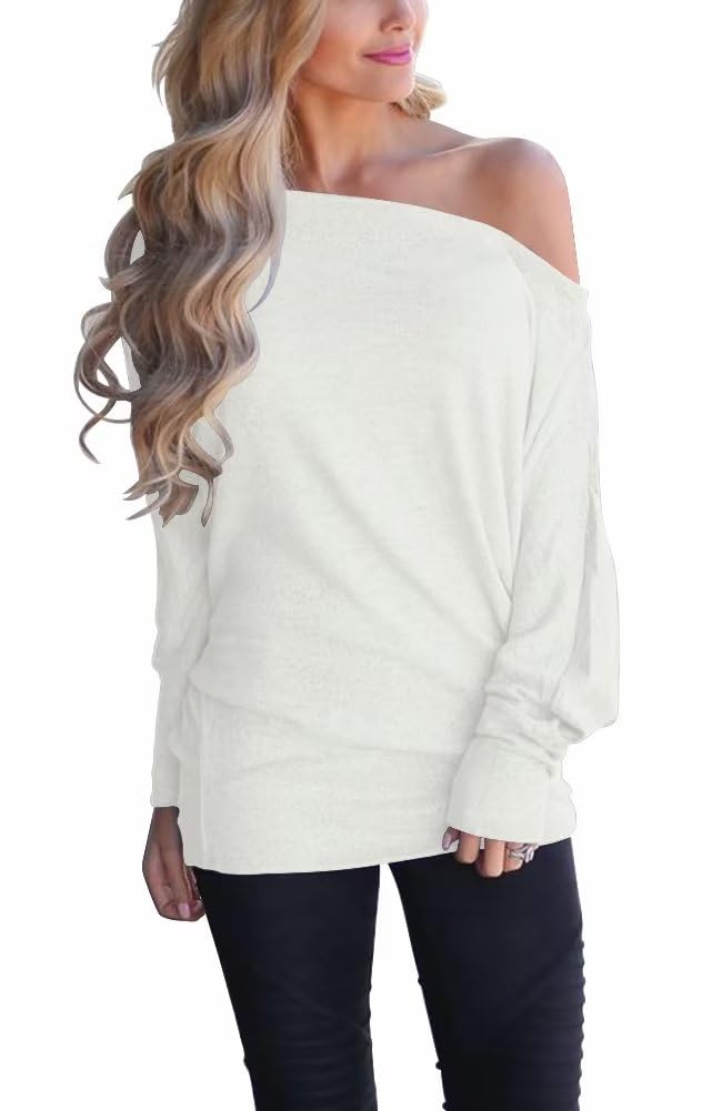 Lacozy Women's Off Shoulder Long Sleeve Oversized Pullover Sweater Knit Jumper Loose Tunic Tops