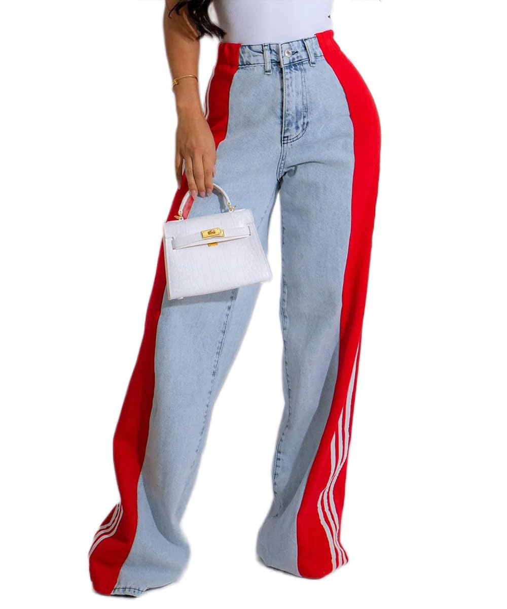 knowfashionstyle Womens Jeans High Waisted Wide Leg Patchwork Stripes Stretchy Jean Color Block Straight Trendy Demin Pants
