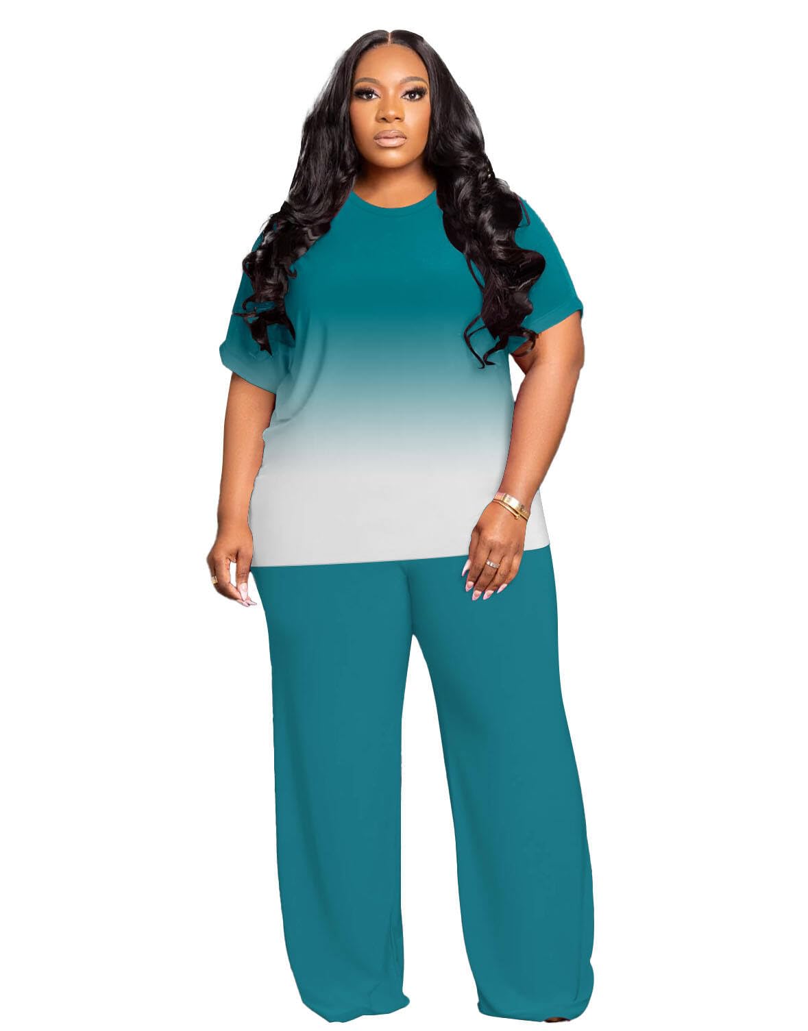 Tycorwd Women's Plus Size Two Piece Outfits Sweatsuits Sets Casual Short Sleeve Tops Loose Wide Leg Pants Tracksuit Sets