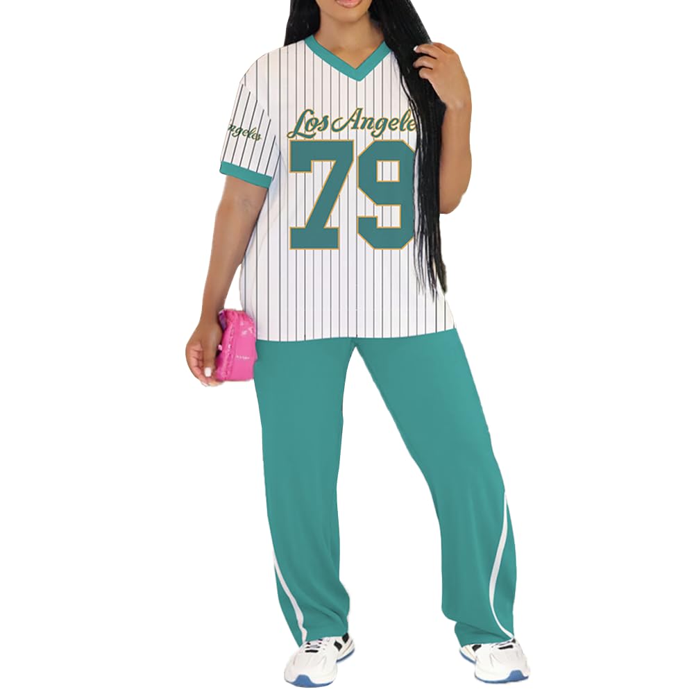 PINSV 2 Piece Sets for Women Summer Casual Outfits Jersey Shirts and High Waisted Pants Sets
