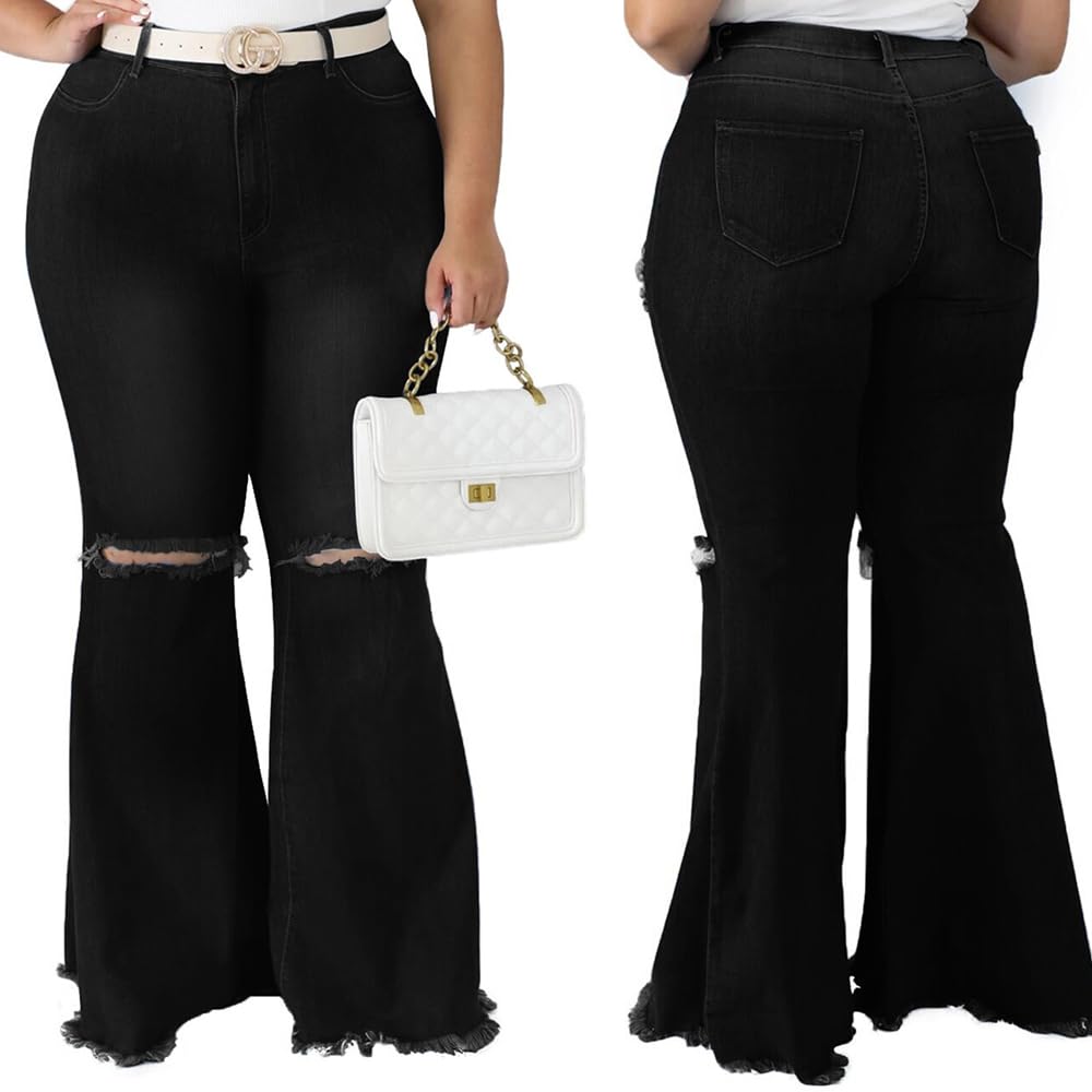 BessCops Plus Size Bell Bottom Jeans for Women Elastic High Waisted Classic Flared Denim Pants