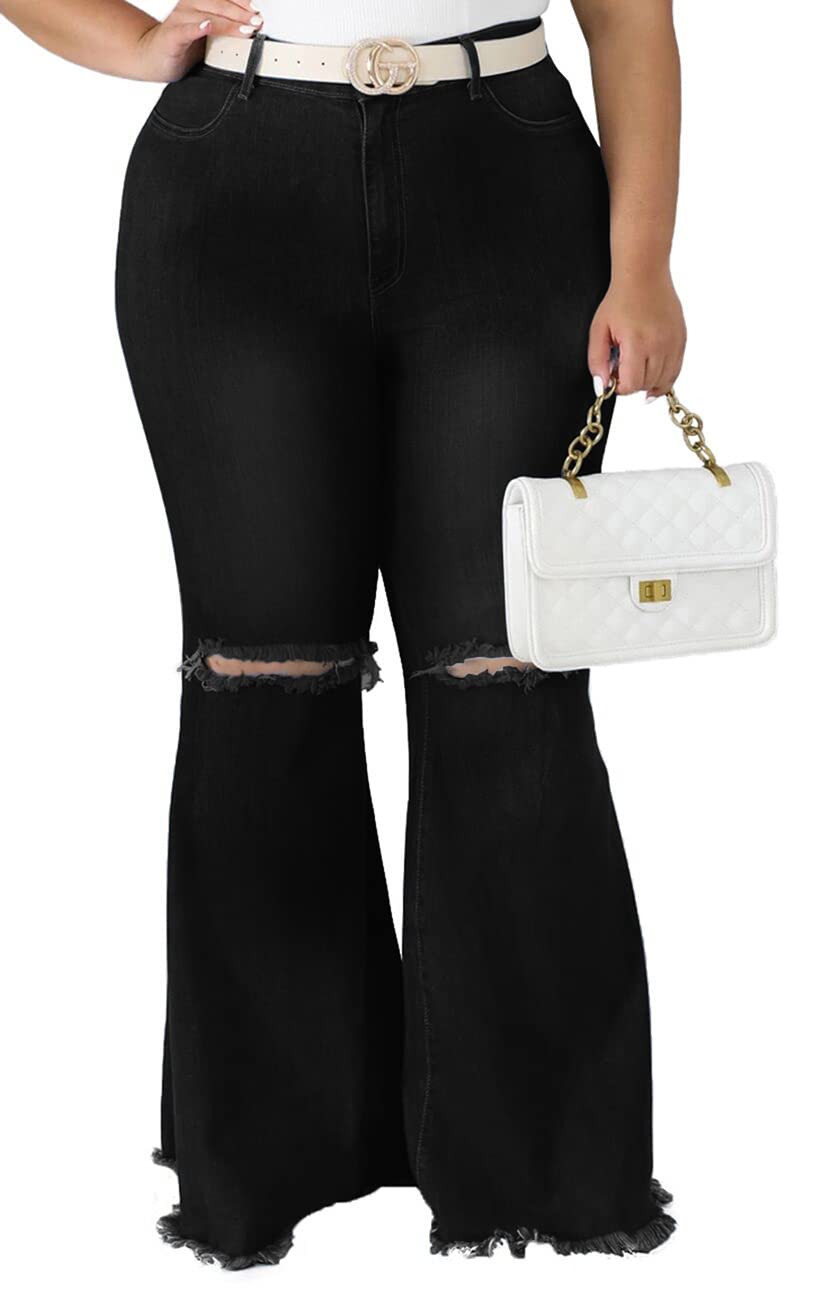 BessCops Plus Size Bell Bottom Jeans for Women Elastic High Waisted Classic Flared Denim Pants