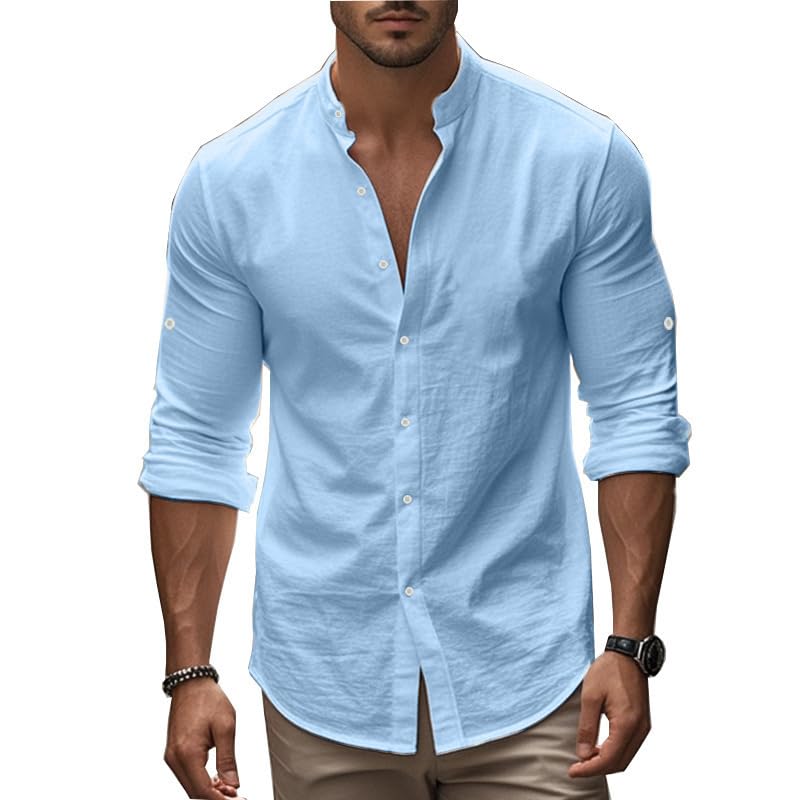 Men's Long Sleeve Button Down Shirts 2026 Trendy Henley Neck Linen Shirts Regular Fit Summer Beach Vacation Tops