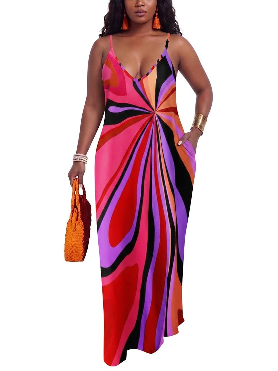 PerZeal Women's Summer Casual Maxi Dresses Sexy Floor Length V-Neck Spaghetti Strap Sleeveless Colorful Sundresses Plus Size