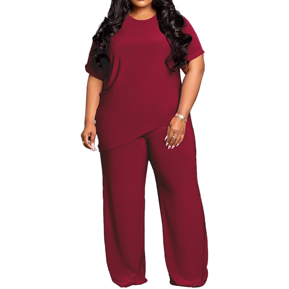 TOPSRANI Womens Plus Size Two Piece Outfits Sweatsuits Casual Tracksuit Short Sleeve Loose Baggy Wide Leg Long Pants Sets