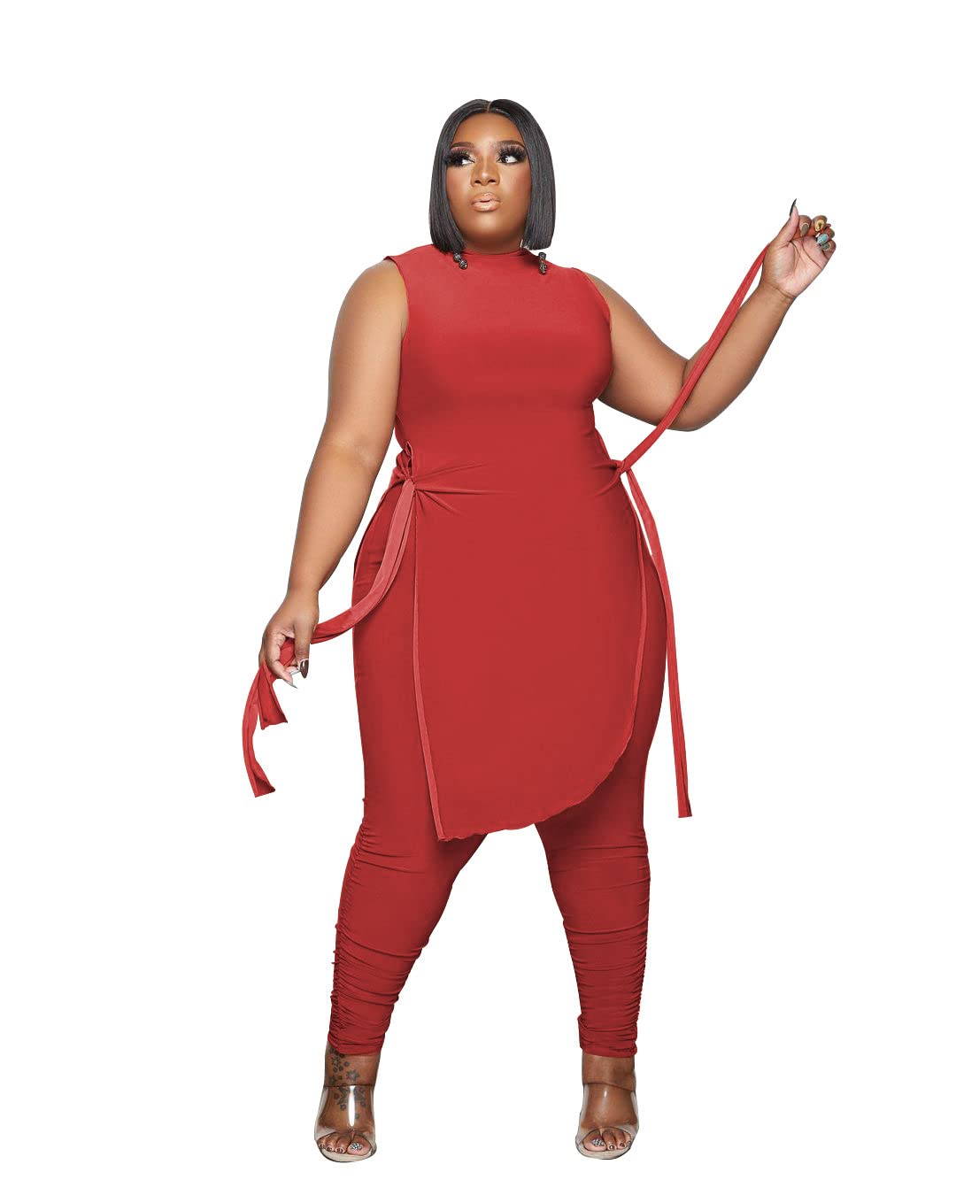Dmoled Women Plus Size 2 Piece Outfits Jumpsuit Camouflage Print Sleeveless Slit Tunic Tops Pant Set