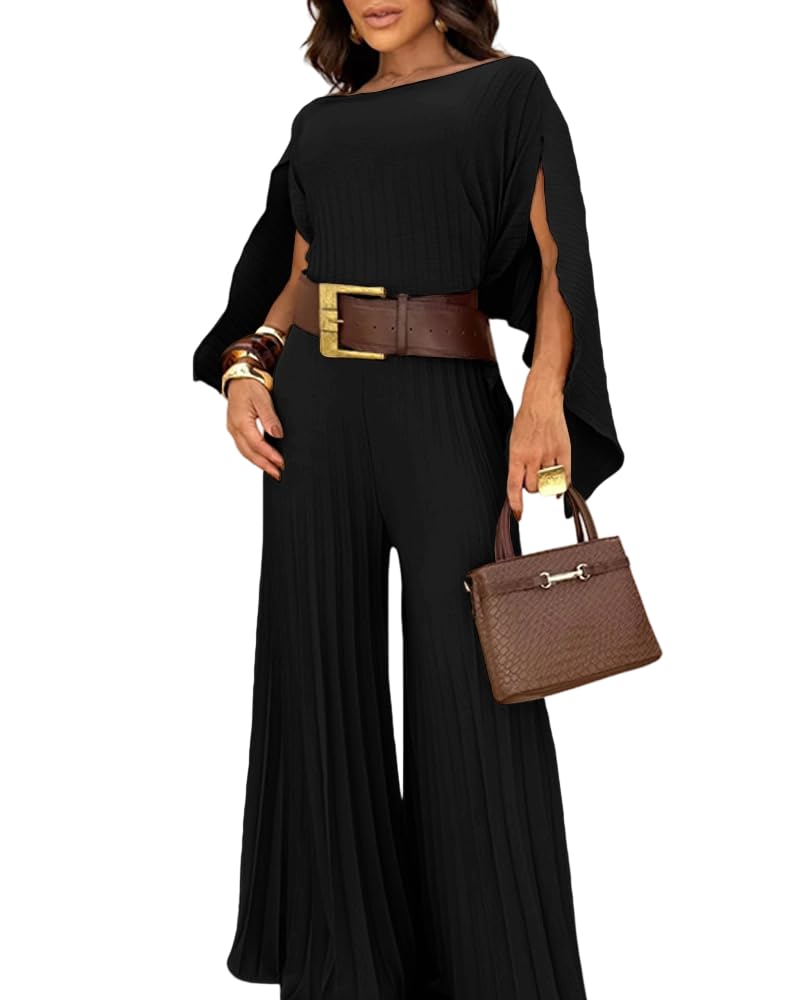 CHICME Women's 3 Piece Pleated Outfits One Shoulder Tops with High Waisted Wide Leg Pants Casual Vacation Outfit