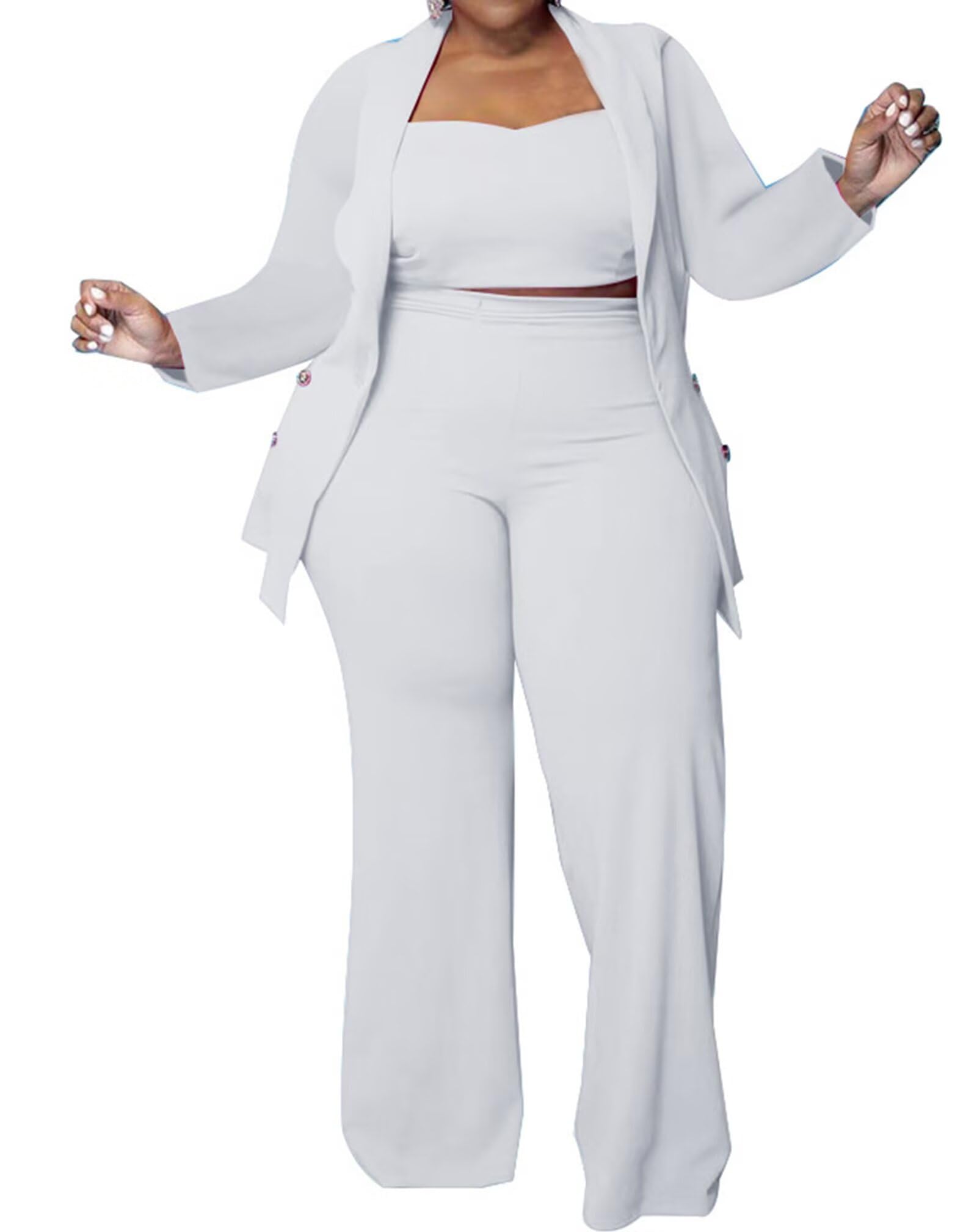 Women Plus Size Pants Suits 3 Piece Set Long Sleeve Blazer Pants Suit Sets Dressy Business Casual Office Work Outfits