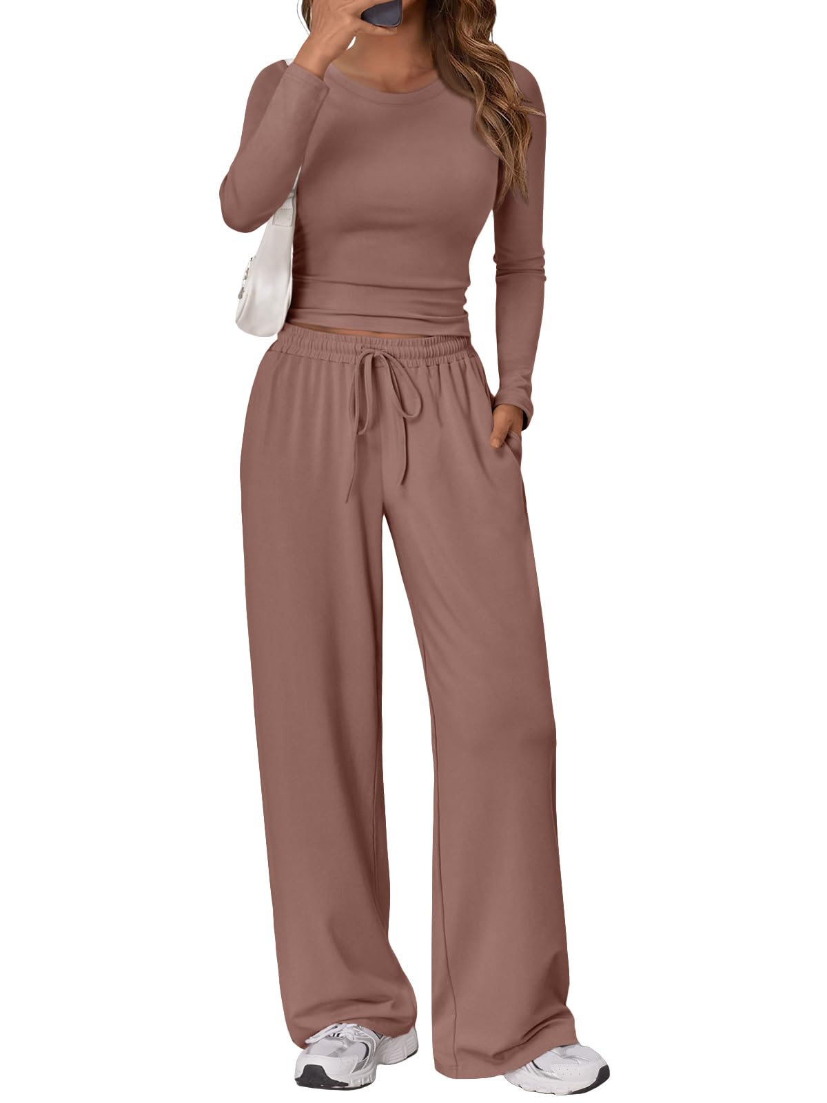 Trendy Queen Women's 2 Piece Matching Lounge Set Long Sleeve Side Ruching Top Wide Leg Drawstring Pants Set with Pockets