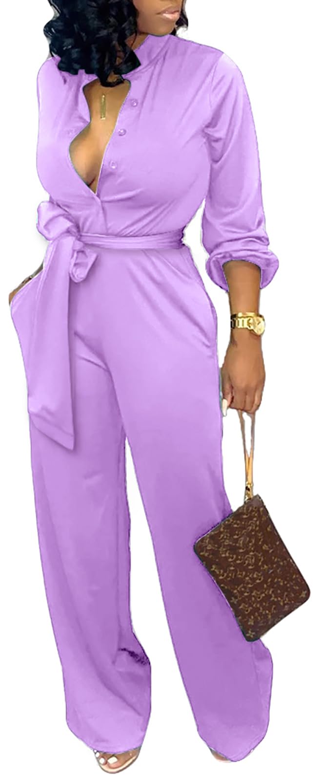 SxClub Jumpsuits for Women Formal Sexy Elegant Long Straight Pants Busineess Party Jumpsuit with Belt Pockets