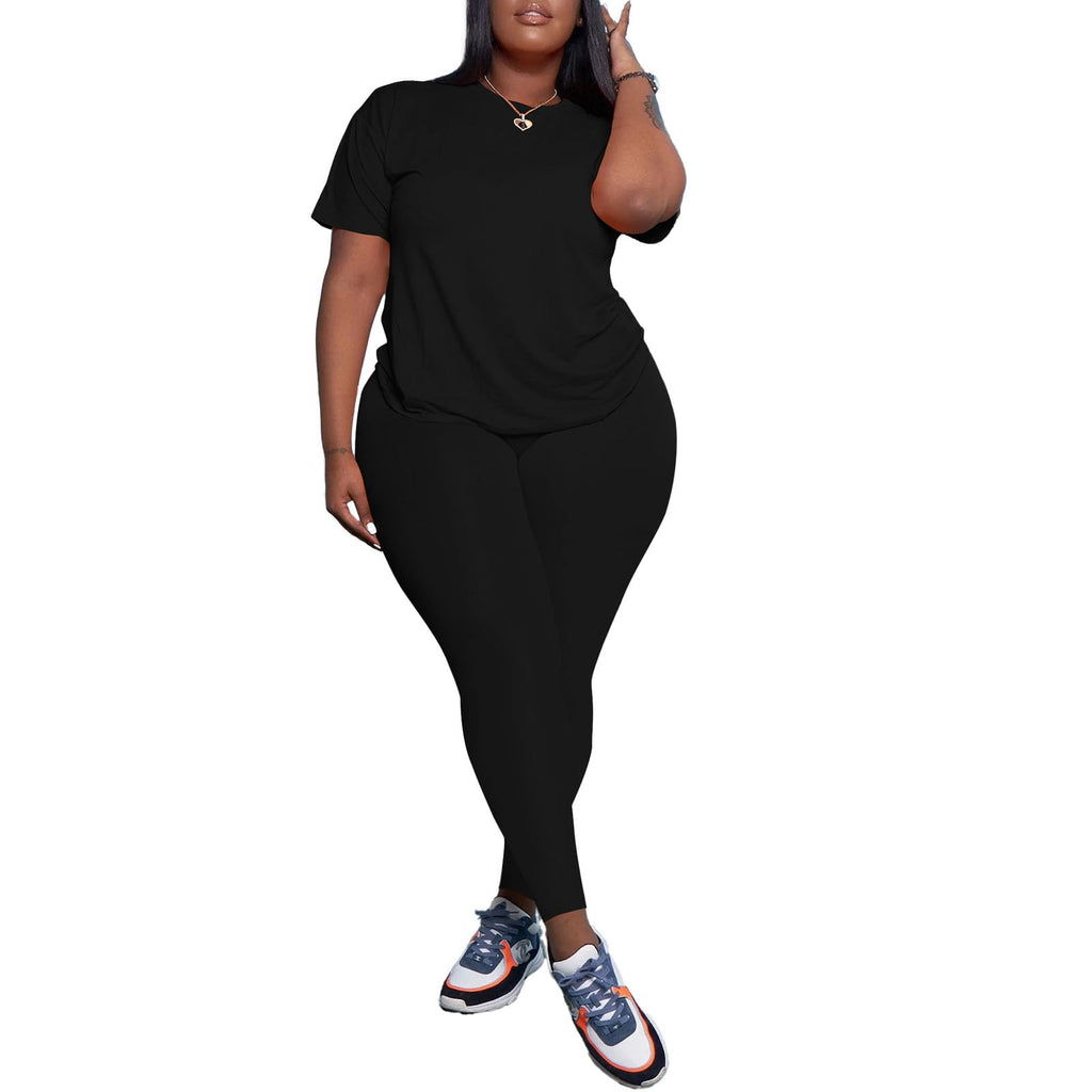 PINSV Women's Plus Size 2 Piece Outfits Tracksuits Short Sleeve Top Pants Sets Sweatsuits