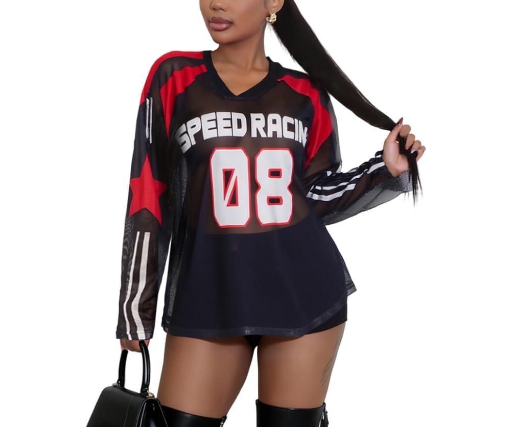 Jersey Shirts for Women - Mesh Long Sleeve Tops Sheer Blouse Graphic Tees Casual Party Club Y2k Streetwear