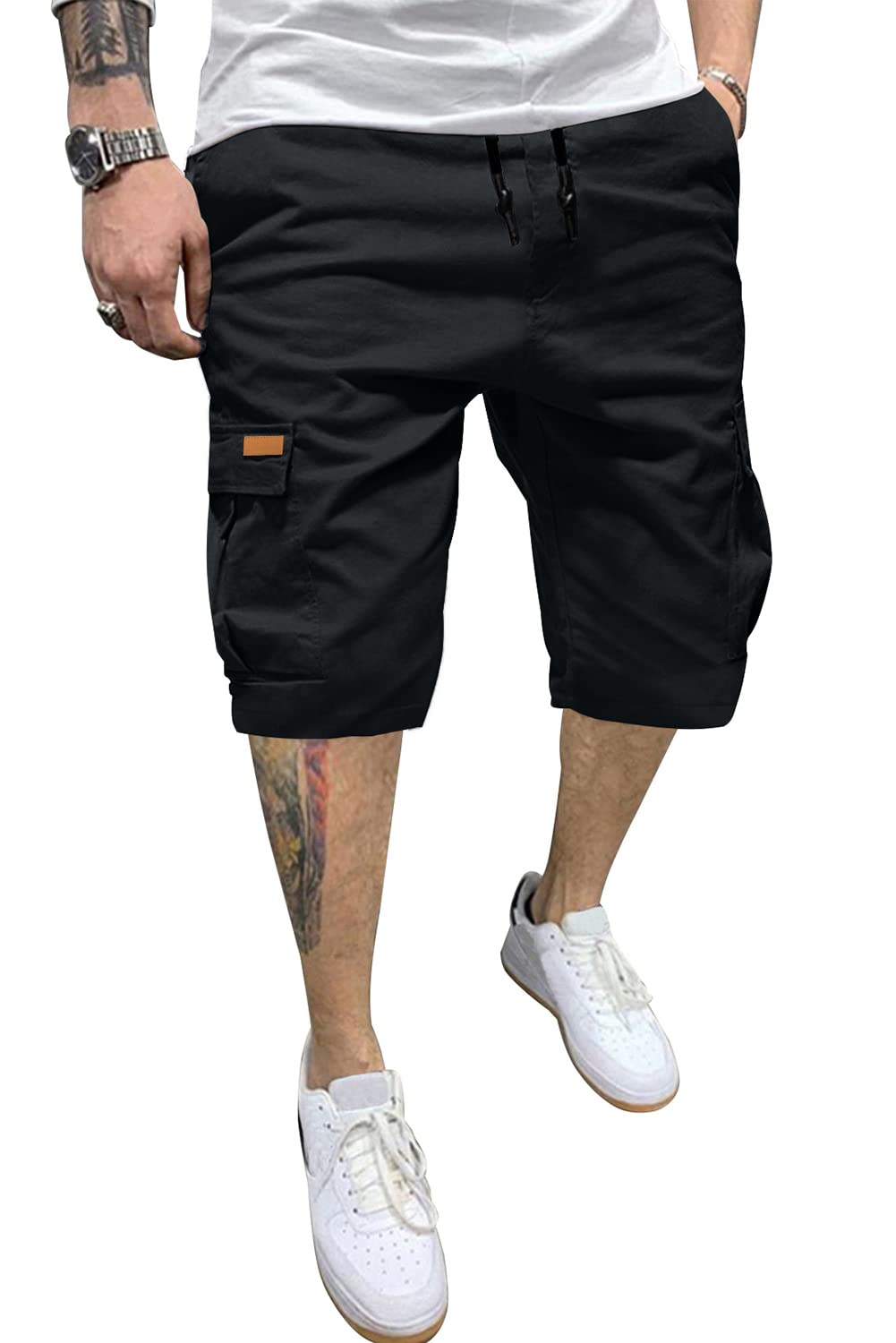 JMIERR Mens Casual Cotton Twill Cargo Shorts Drawstring Classic Chino Stretch Short with 6 Pockets