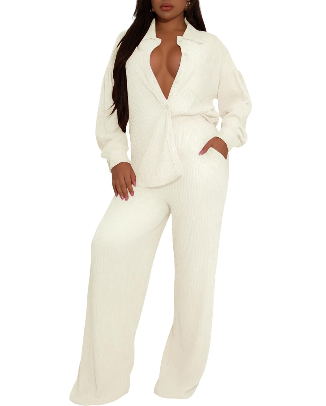 Ophestin Women 2 Piece Dressy Outfits Casual Pleated Long Sleeve Button Down Shirt Wide Leg Pants Loungewear Matching Sets