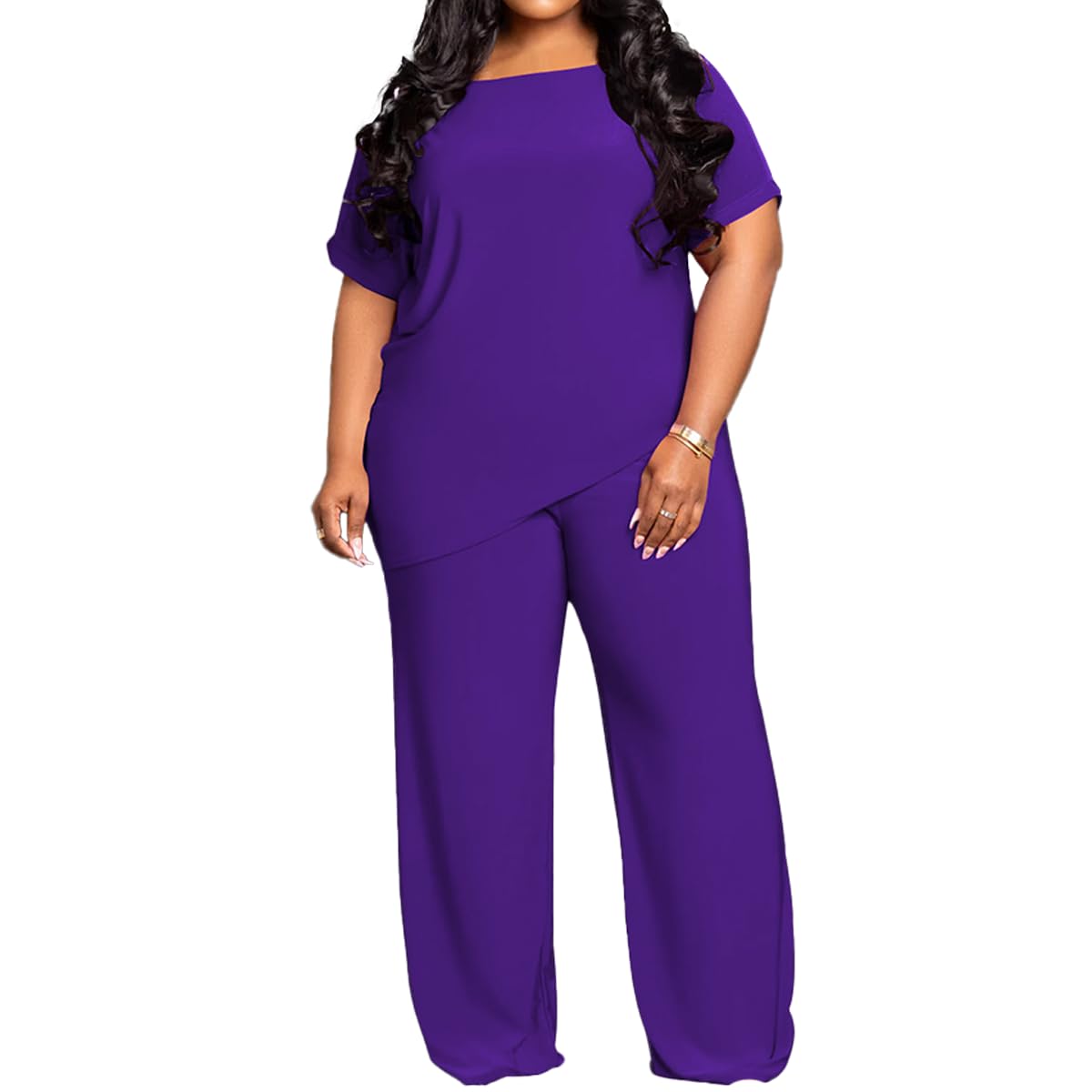 TOPSRANI Womens Plus Size Two Piece Outfits Sweatsuits Casual Tracksuit Short Sleeve Loose Baggy Wide Leg Long Pants Sets
