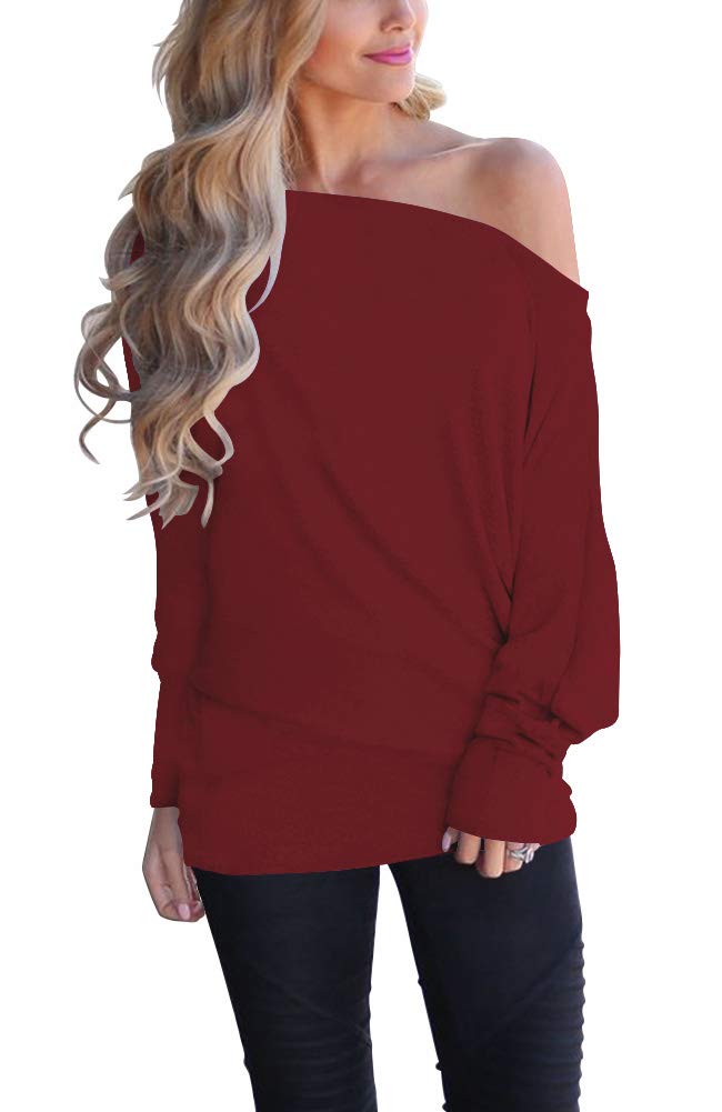 Lacozy Women's Off Shoulder Long Sleeve Oversized Pullover Sweater Knit Jumper Loose Tunic Tops
