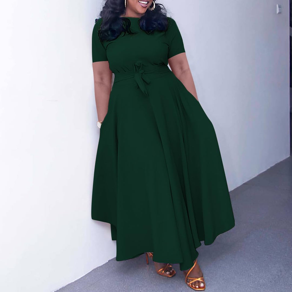 BFFBABY Plus Size Dress A Line Dresses for Women Summer Long Dresses with Sleeve Casual Belted