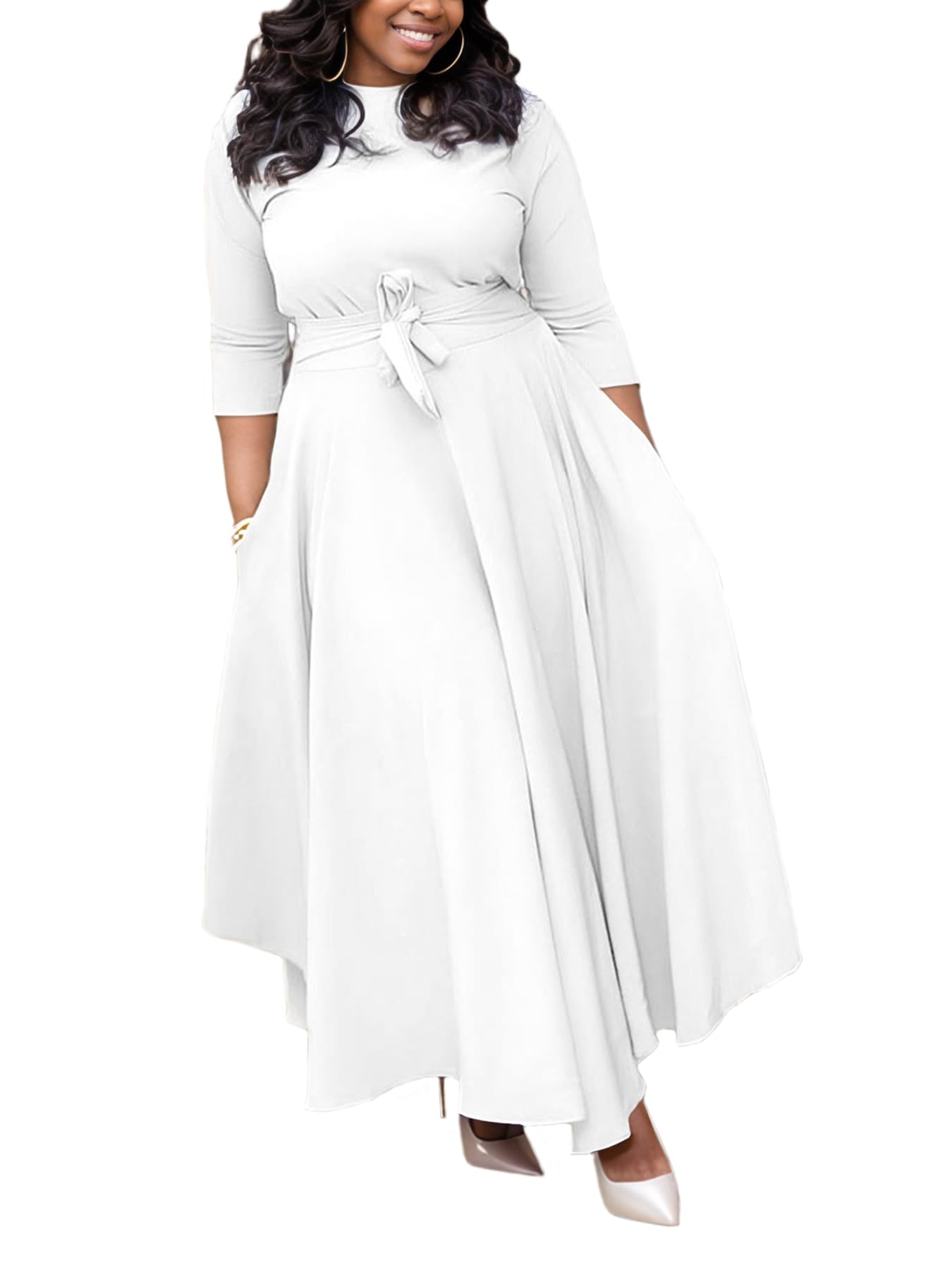 Baczoe Plus Size Dress for Curvy Women Stretch Self Tie A-Line Maxi Dress with Pockets Swing Long Outfit